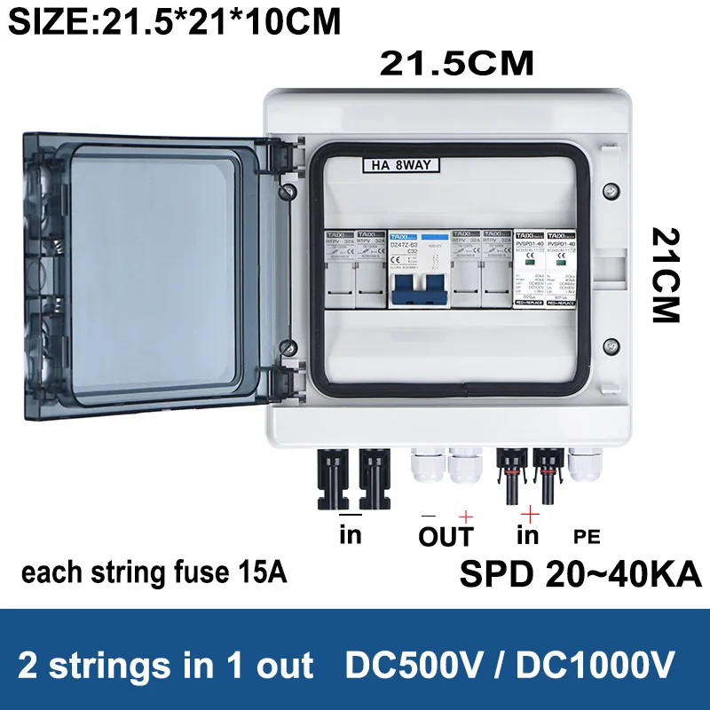 Solar photovoltaic PV Combiner Box Lightning Protection 2 or 1 in1 out DC 500V 1000V Fuse MCB SPD Waterproof Box IP65