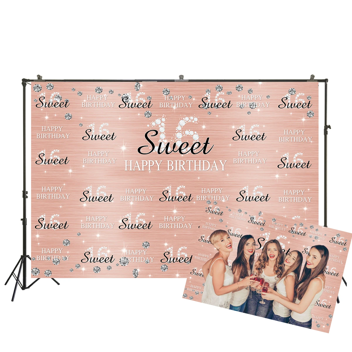 

Pink Sweet 16th Birthday Party Backdrop Princess Girl Step and Repeat Diamonds Glitter Shiny Photography Background Decor W-3386
