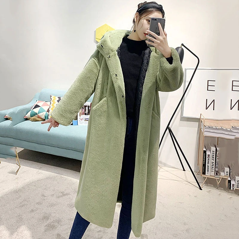 Green Add cotton Зимняя женская Высококачественная шуба из искусственного меха кролика роскошное длинное меховое пальто свободного кроя с капюшоном, толстое теплое женское плюшевые пальто большого размера HHPC20 - Цвет: Green Add cotton