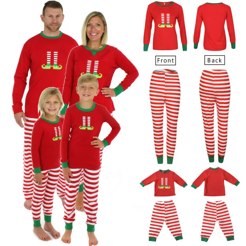 Семейные одинаковые рождественские пижамы для мужчин и женщин, комплекты из 2 предметов, Рождественская одежда для сна, одежда для сна, хлопковые топы штаны в полоску с принтом