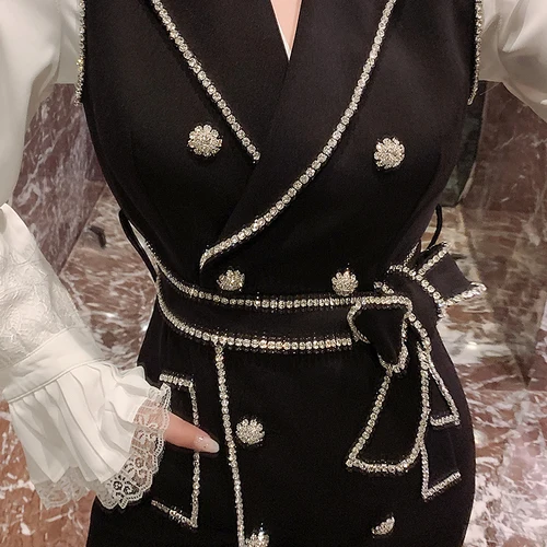 black vest dress Fashion Autumn Celebrity Lady's Water Drilled Diamond Double-breasted Suit Dress Slim Shiny Women Blazer Dress - Цвет: black vest dress