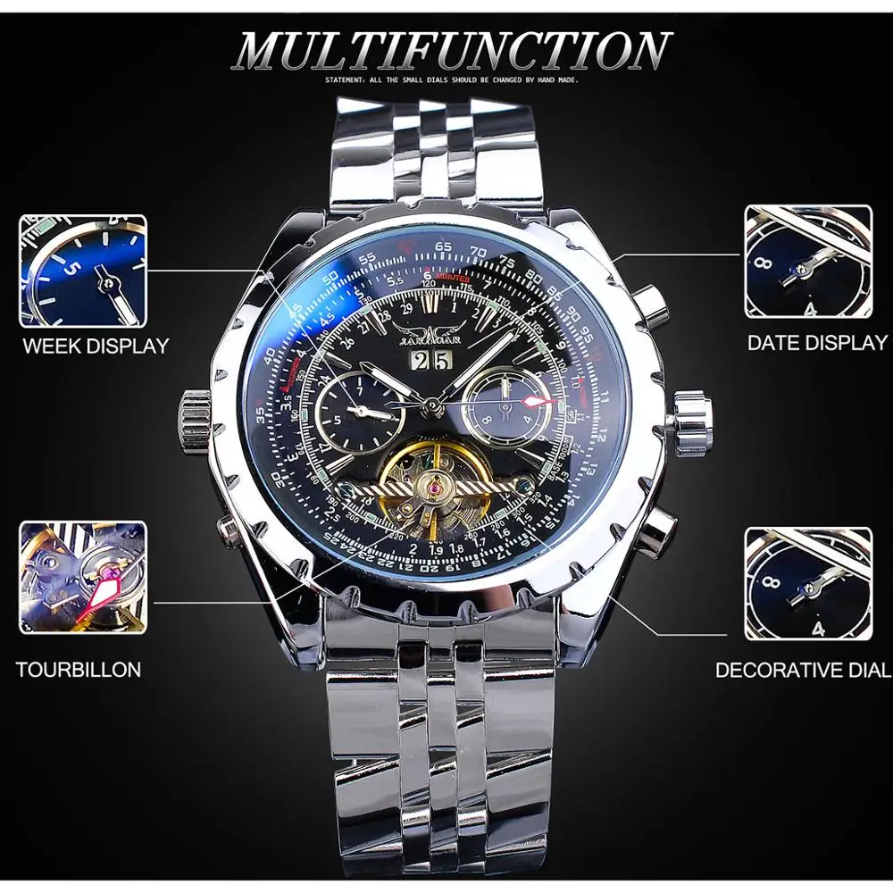 Jaragar Черный Tourbillon Мужские часы автоматический большой циферблат светящаяся Дата дисплей из нержавеющей стали ремешок механический стимпанк Relogio