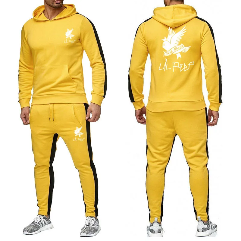 Yellow white Осень-зима, мужская толстовка с капюшоном, куртка+ штаны для бега, мужские костюмы с принтом, спортивный топ с длинными рукавами, цветная брендовая одежда - Цвет: Yellow white