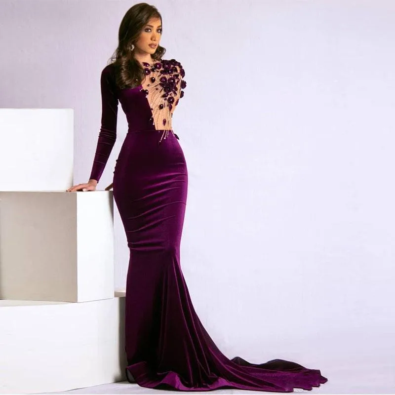 Vestido de noche de terciopelo con manga larga, prenda elegante con flores  de ilusión, lentejuelas, cuentas de sirena, con cremallera trasera|Vestidos  de noche| - AliExpress