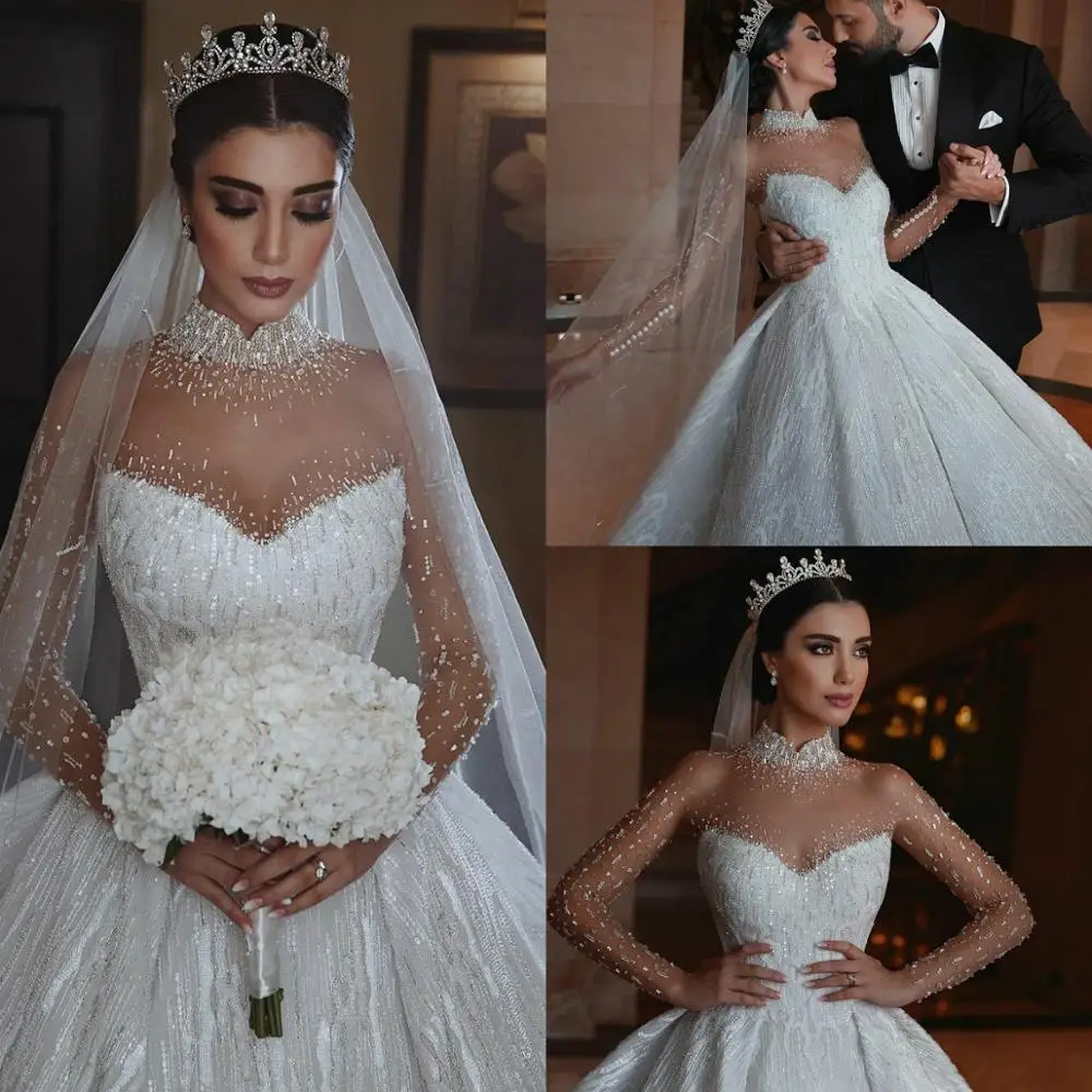 Арабская, Дубай винтажные Свадебные платья с высоким воротником, длинным рукавом, Роскошные блестками свадебное платье для съемки в саду vestido de novia