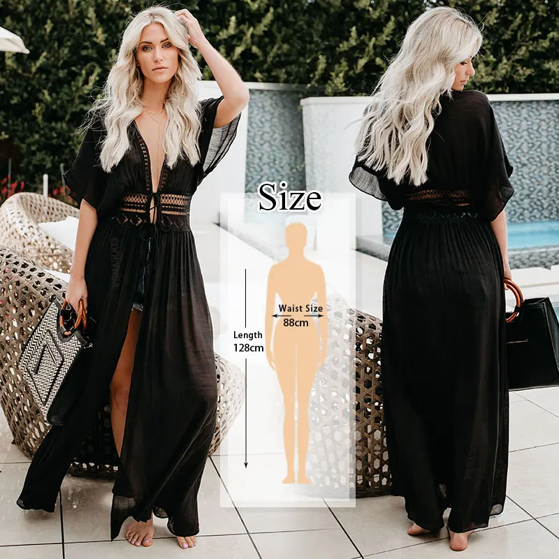 Q528Black-851 Хлопковое длинное пляжное платье saida de Praia, Пляжная накидка, кафтан, саронг, Vestido, одежда для плавания, накидка, Ropa de Плайя, туника, Пляжная,# Q851 - Цвет: Q528Black-851