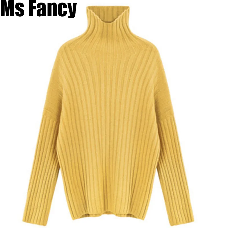 

Autumn Winter Sweater Female Yellow Turtleneck Long Sleeve Knitted Sweater Solid Color Ribbed Pullover Sweater
