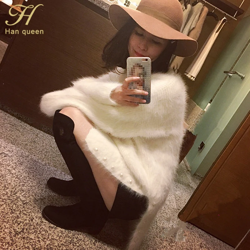 H Han queen/осенне-зимний модный пуловер с жемчугом, свитера для женщин, новинка года, плотные однотонные женские джемперы