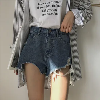 

Korea 2020 Spring Summer New Women Jeans Sexy High Waist Hole Burr Hot Pants Fashion Vintage Casual Loose Straight Shorts