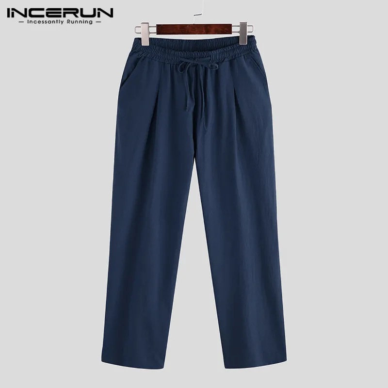 Navy Pants Хлопок Для мужчин брюки шнурок одноцветное мешковатые с карманами в уличном стиле ретро широкие брюки джоггеры шаровары Для мужчин INCERUN размера плюс 5XL - Цвет: Navy Pants