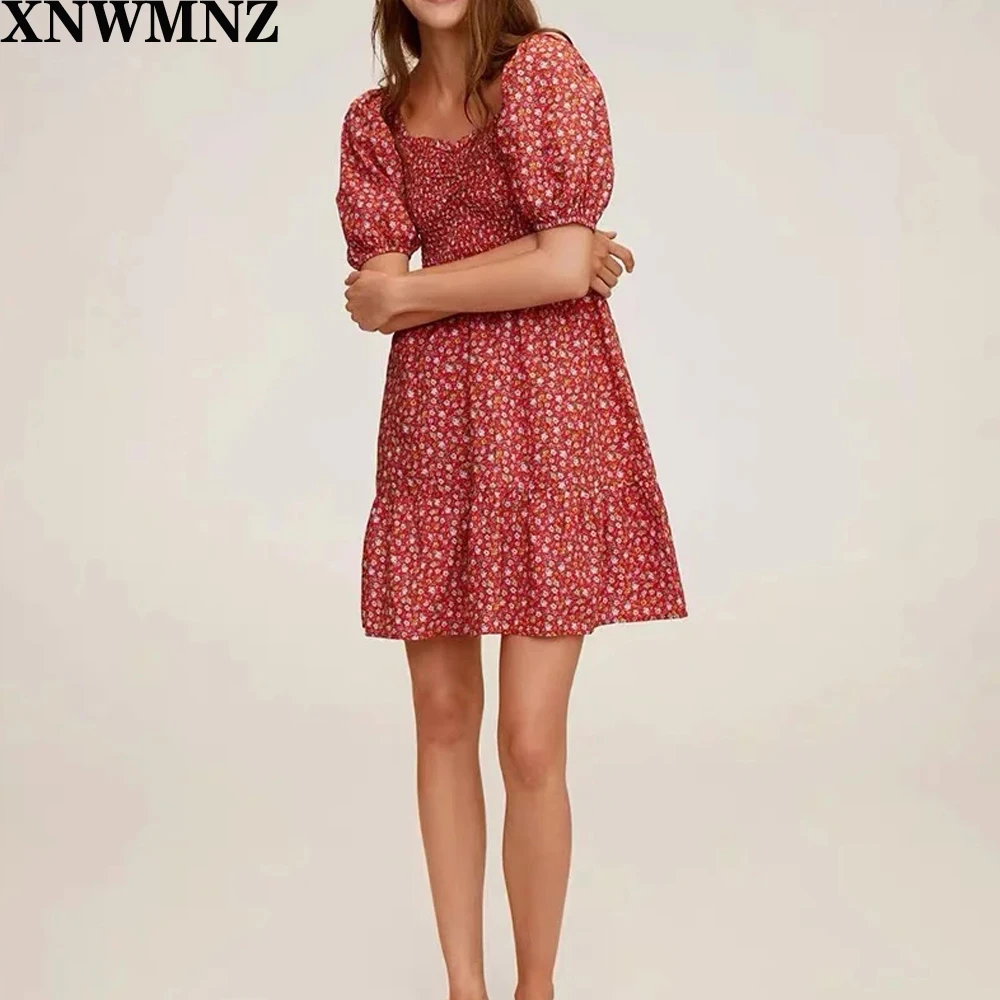 

XNWMNZ 2020 Summer New Printed red Floral Short-Sleeve Dress zaraing vadiming sheining zafuler Sukienka Boho women dress za robe
