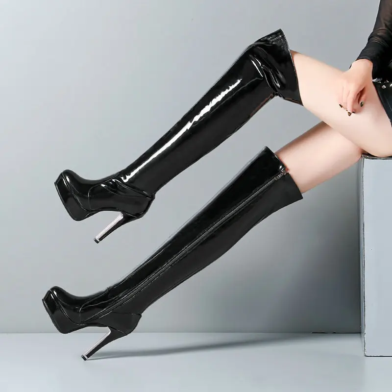 

Fashion Knee High Boots Winter Women Boots Soft Patent Leather High Heels Long Boots Platform Pole Dance Ladies Shoes Black Red