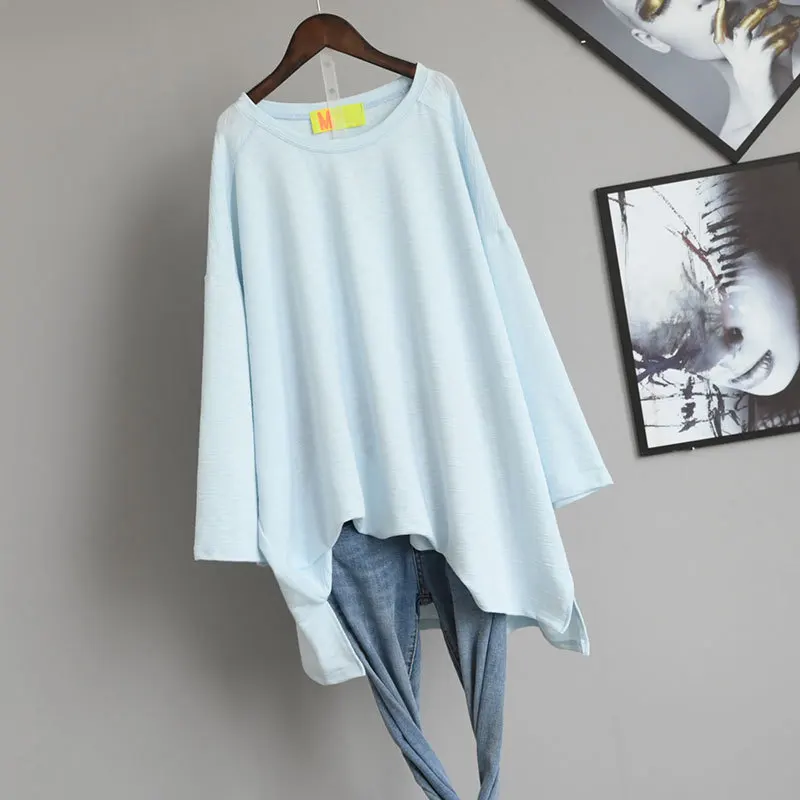 

2023 Spring New Arrival Korean Women Simple Solid Loose Slim Long Sleeved T-shirt Casual Fashion Side Slit Tops Free Shipping