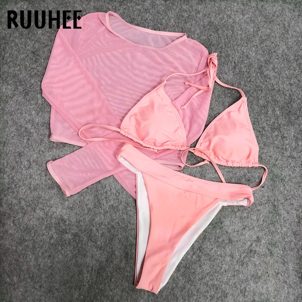 RUUHEE, 3 предмета, бикини, купальники, Холтер, Солнцезащитный купальник, бикини, набор, высокая нога, пуш-ап, сексуальный женский купальник, пляжная одежда, бикини - Цвет: B3888PI