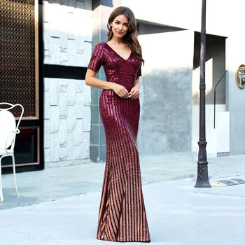 

Luxury Burgundy Evening Dresses V-Neck Sequined Striped Short Sleeveless Mermaid Party Gowns Vestidos Compridos