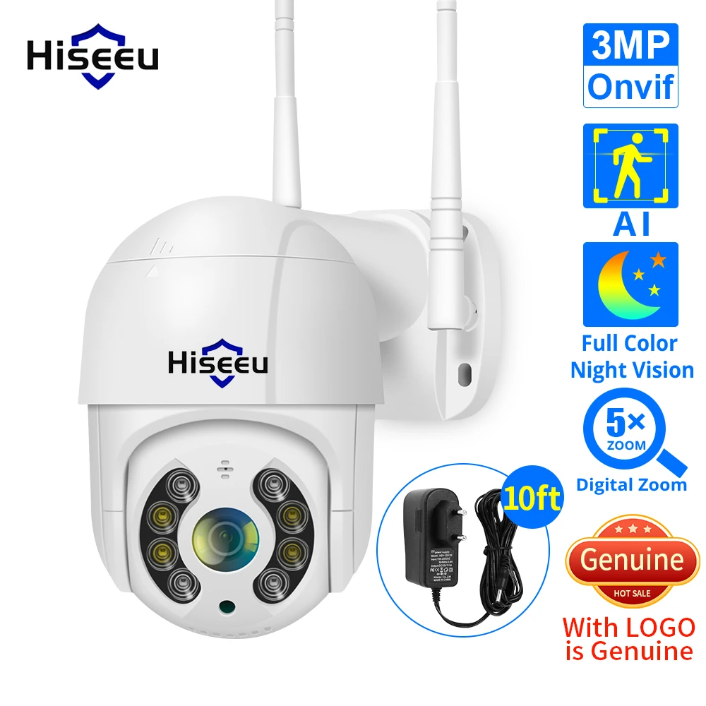 Hiseeu 3MP 5MP WIFI IP Camera Outdoor HD Full Color Night Vision PTZ Waterproof Security Speed Camera AI Human Detection ICSee
