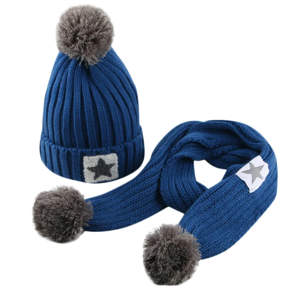 Для детей 2-8 лет, детские зимние шапки для маленьких девочек и мальчиков, Зимняя Вязаная шапка-бини, помпон, набор из шапки и шарфа, шапка для детей@ 45 - Цвет: B