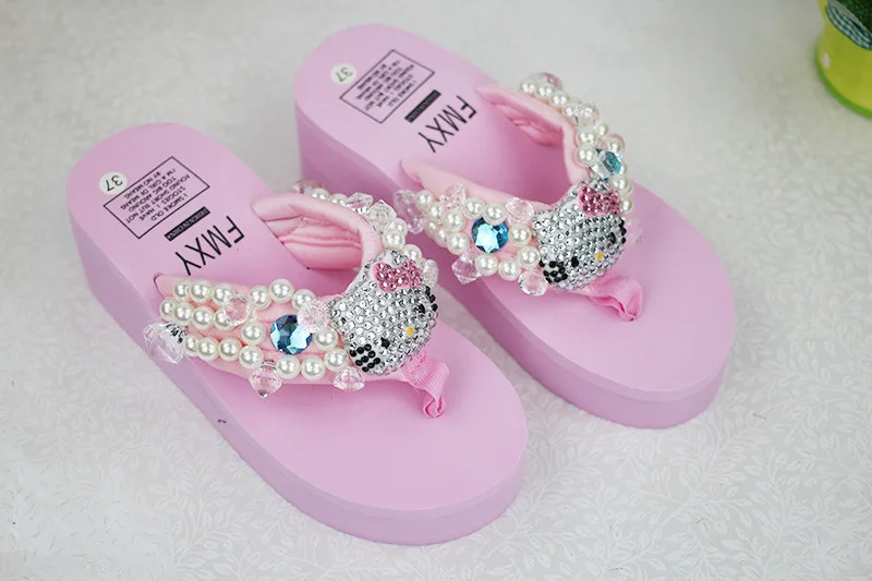 Leisure Shoes Online Lady Sewing Pearl Womens Beach Slippers Fashion High Heel Platform Wedge Flip Flops55
