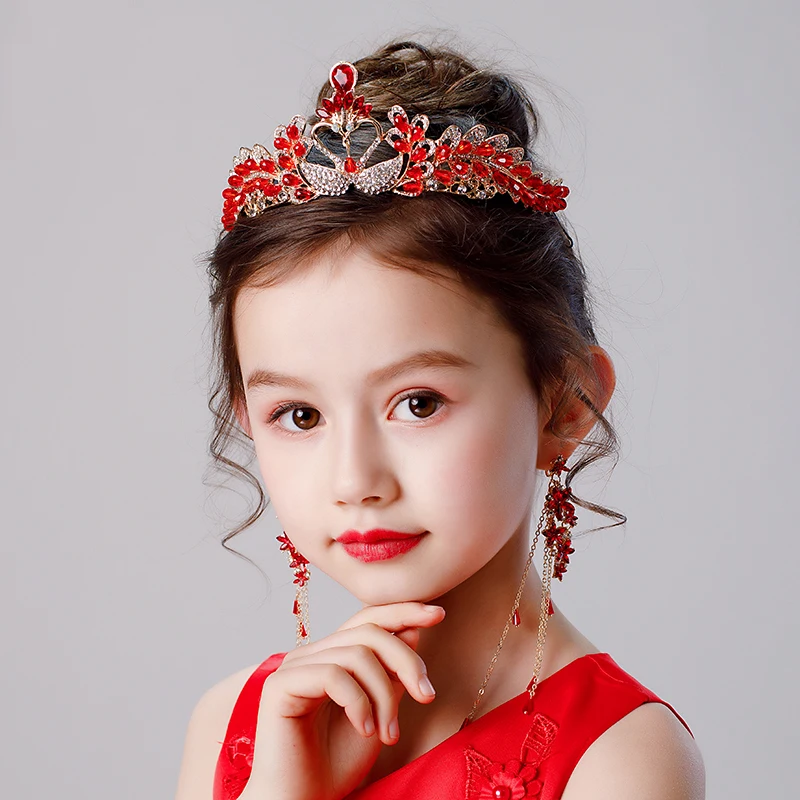 VintageGoldChildrenHairAccessoriesRedCrystalRhinestoneKids