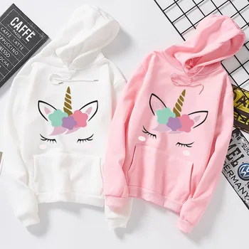 

Women Hoodies Unicorn Pattern Hooded Sweatshirts Pink/Black/White/Red Casual Kpop Drawstring Long Sleeve Female Pullovers