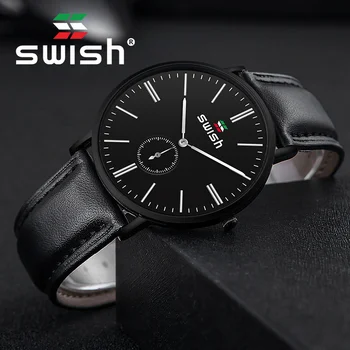 

SWISH Simple Men's Watch Waterproof Quartz Sports Clock Fashion Black Leather Military Wristwatches Erkek Kol Saati 2020