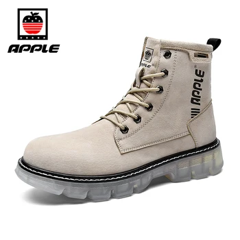 

APPLE Brand Winter Leather Motorcycle Boots Men Luxury Designer Western Platform Boots Ankle Mens Fashion Work safety Man shoes
