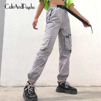 

Buckle Belt Cargo Pants Women Plus Size Pockets Sweatpants Trousers Jogger High waisted Pants Capris Streetwear Cuteandpsycho