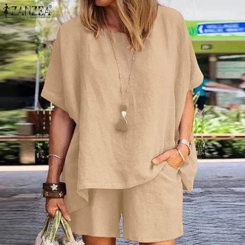 ZANZEA Summer Casual Tracksuit Women's Shorts Suits Short Sleeve Shirt Tops Loose Mini Shorts Two Piece Matching Set Streetwear plus size pjs