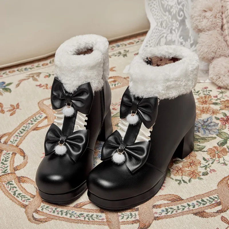 Winter Warm Fleece Fur Decoration Sweet Lolita Shoes Women Ankle Boots Cosplay Kawaii Princess Platform Girl Botas Plus Size 43