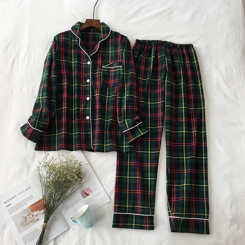 Women Pajamas 1 Пижамы для пар с длинными рукавами, весенний пижамный комплект из двух предметов, клетчатая одежда для сна с принтом, хлопковая утепленная женская домашняя одежда - Цвет: Women Pajamas 1