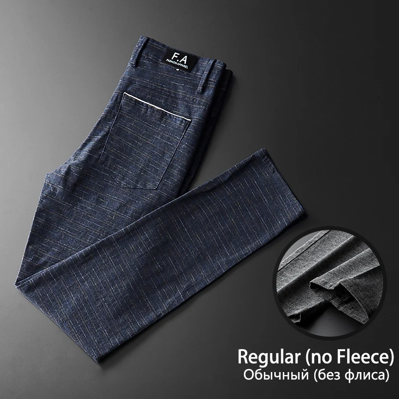 Брендовые мужские Зимние флисовые утепленные повседневные штаны, мужские деловые прямые эластичные плотные клетчатые хлопковые черные брюки для мужчин - Цвет: Blue-no Fleece