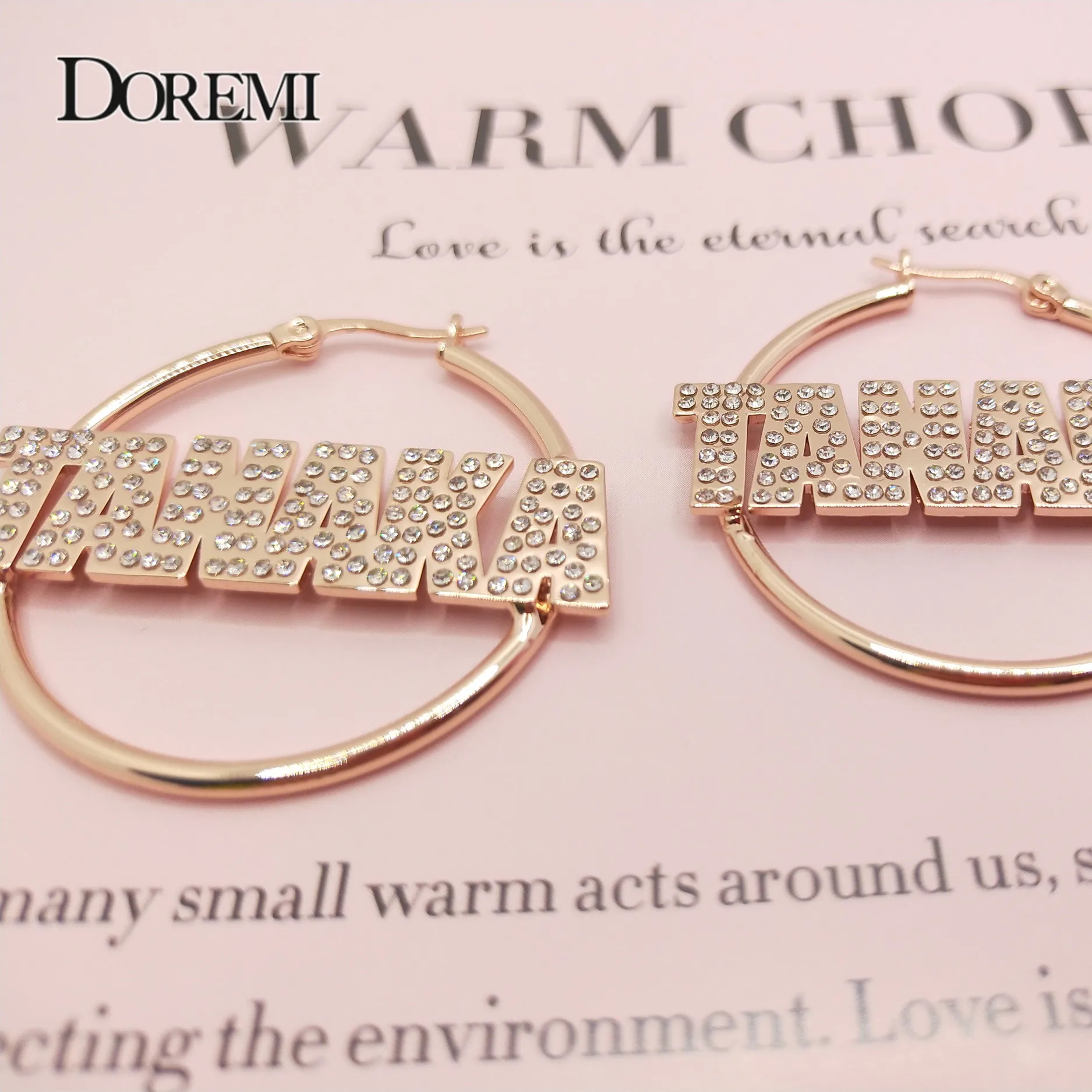 DOREMI Iced Out Bling Name Earrings Stainless Custom Names Hoop Earrings Crystal Personalised Name Earring with stone Women Gift