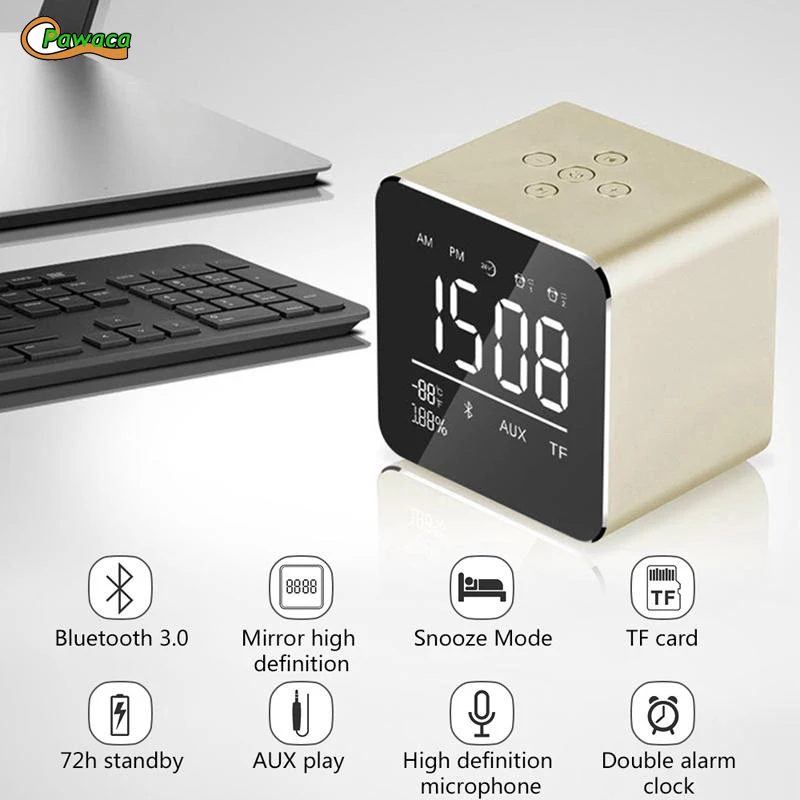 

Mini Portable Wireless Bluetooth 3.0 Speaker Dual Alarm Clock 3D Stereo Music Player with Mic Call Digital Desk Clock Home Decor