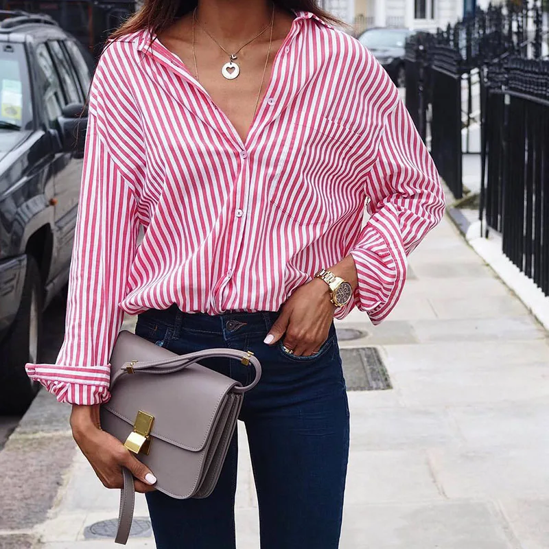 

Fashion Striped Long Sleeves Blouse Women 2020 Autumn Loosen Daily Clothes Turn Down Collar Tops Red Blue Color Plus Sized