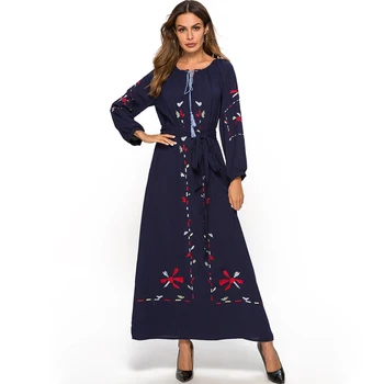 

Plus Size Autumn Blue Cotton Dress Women Middle East Muslim Robe Femme Long Sleeve Floral Embroidery National Winter Maxi Dress
