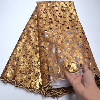 

Fashion Weding Sequins Lace Coffee Gold African Lace Fabric High Quality Nigerian French Organza lace fabric for Dress Wo526