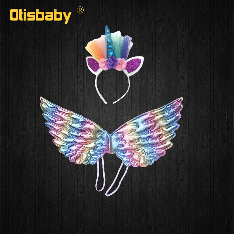 Headwear Wings Рождественское платье для девочек с единорогом, с длинным хвостом+ парик с крыльями, повязка для девочки, бальное платье принцессы на день рождения, детская одежда с лошадями - Цвет: Headwear Wings