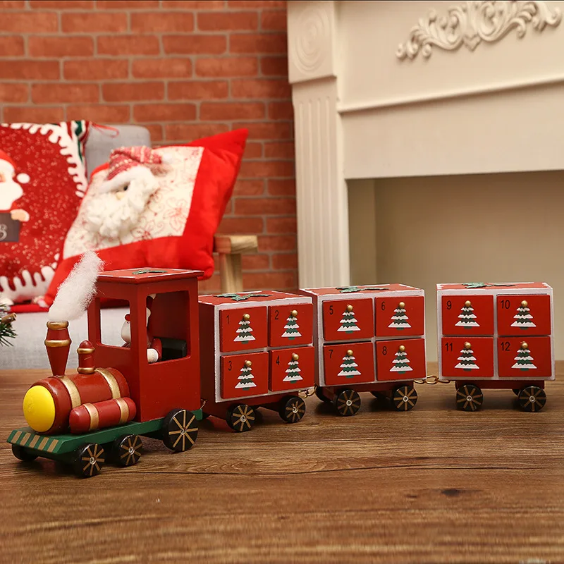 Christmas Advent Countdown Calendar Wooden Cabinet With Date Drawer Calendar Storage Box Party Decoration Prop-Little Train/Sled