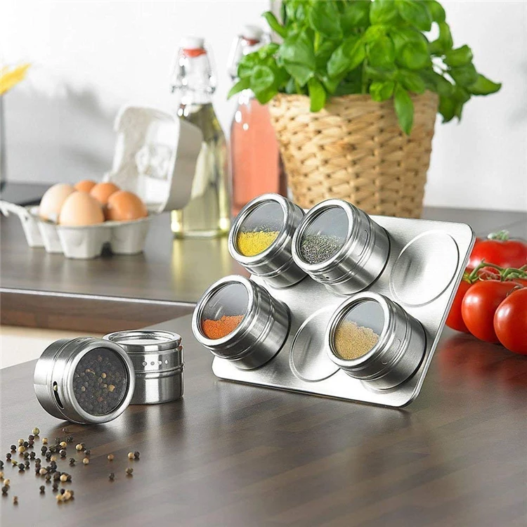 

New 6/9 Pcs Magnetic Spice Jars Set Stainless Steel Salt and Pepper Spray Shakers Spice Rack Seasoning Box Condiment Container