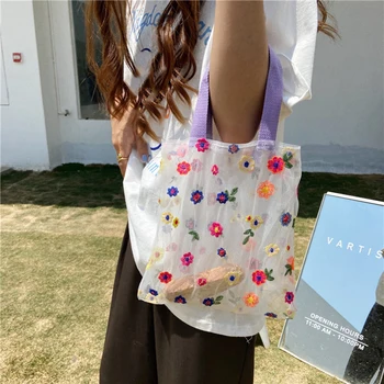 

Female Flower Embroidery Hand Bag Organza Casual Tote Mesh Shopping Bags Woman Handbags