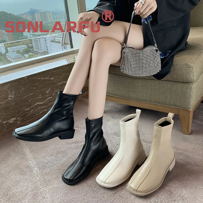 

Internet hot thin boots women's new Korean style Chelsea square toe soft leather elastic booties autumn and winter