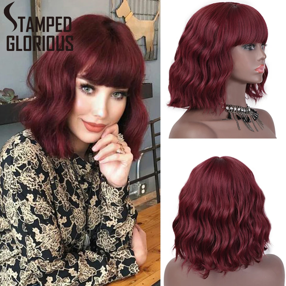 

STAMPED GLORIOUS Short Wavy Wigs for Black Women American Synthetic Hair Purple Wigs with Bangs Heat Resistant Cosplay Wig
