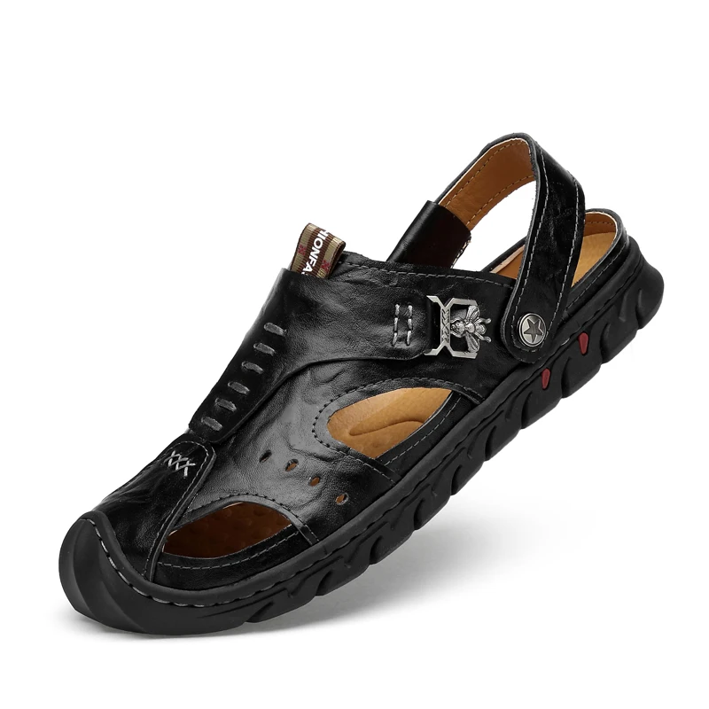 Летние мужские уличные сандалии из дышащей натуральной кожи; быстросохнущая пляжная Мужская обувь; Повседневная прогулочная обувь с закрытым носком для рыбалки; Новинка - Цвет: Черный