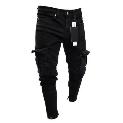 Men Biker Ripped Long Denim Trousers Skinny Jeans Pants Destroyed Stretchy-Black Pants Men Biker Ripped Long Denim Trousers Skinny Jeans Pants Destroyed Stretchy-Black Pants