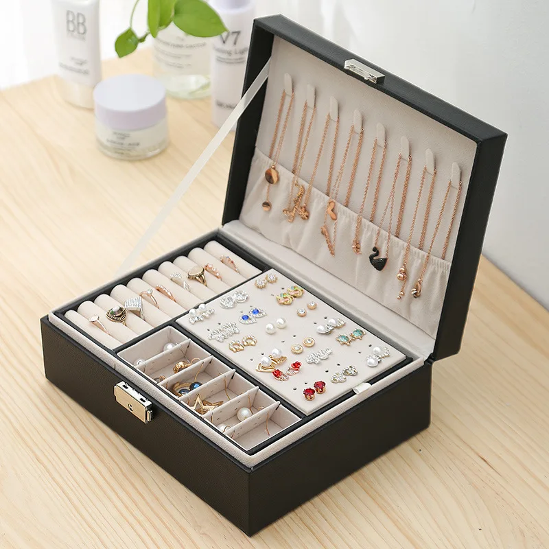 Double-layer Wooden Jewlery Box Ring Box Jewelry Boxes and Packaging with PU Leather Jewelry Storage Organizer and Makeup Case