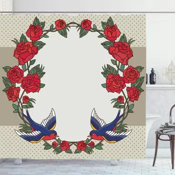 

Shower Curtain Set with Hooks 66x72 Ink Old School Fashioned Frame Tattoo Wing Roses Birds Text Vintage Texture Flower Retro