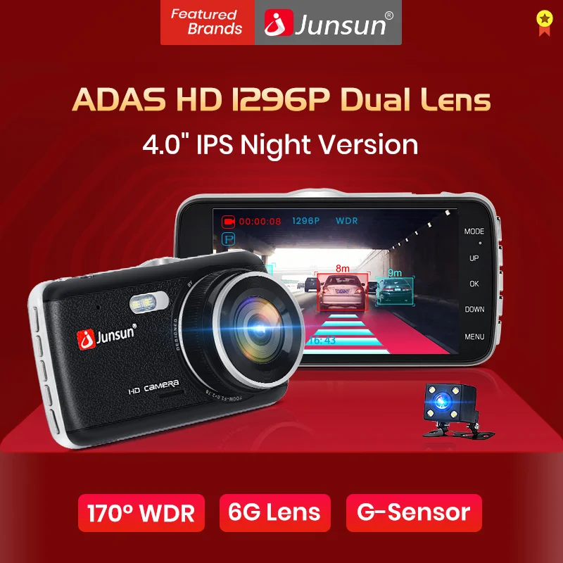 Junsun H7 Видеорегистраторы для автомобилей Камера Двойной объектив 4 0 &quotFull HD 1296 P