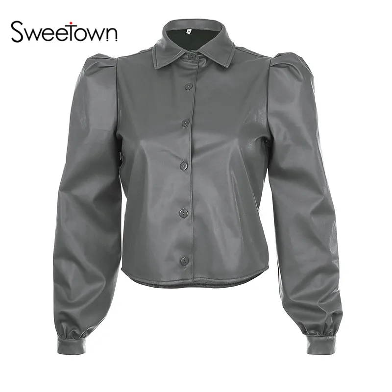 gray Sweetown новые винтажные женские рубашки с пышными рукавами, блузы, однобортные женские блузки с отложным воротником, Manches Bouffantes - Цвет: gray