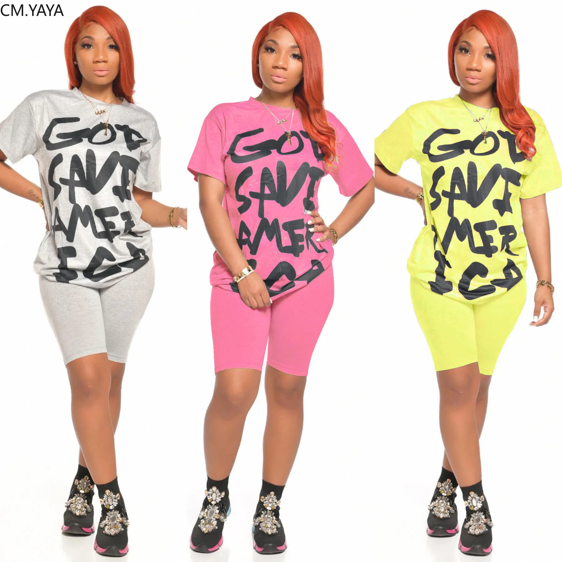CM.YAYA Classic Women Matching Set Letter Print Tee Tops Knee Length Jogger Pant Suit Two Piece Sport Tracksuit Outfit | Женская одежда