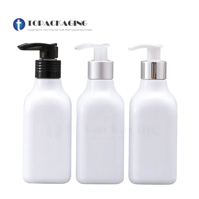 

30*200ML Lotion Pump Bottle Empty Square Plastic Cosmetic Container White Packaging Makeup Essential Oil Shampoo Aluminum Ring